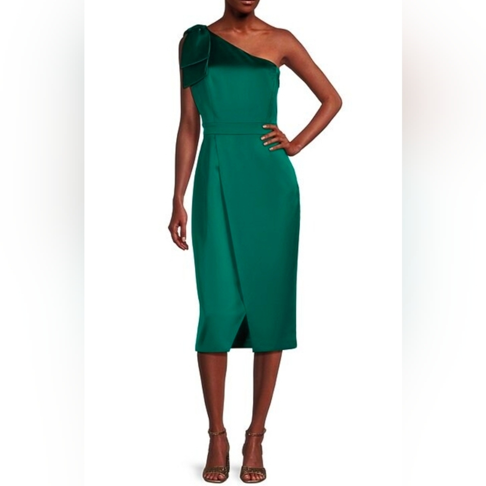 NWT Alex Marie One Shoulder Bow Detail Satin Midi Dress: Color-Emerald: Size- 12